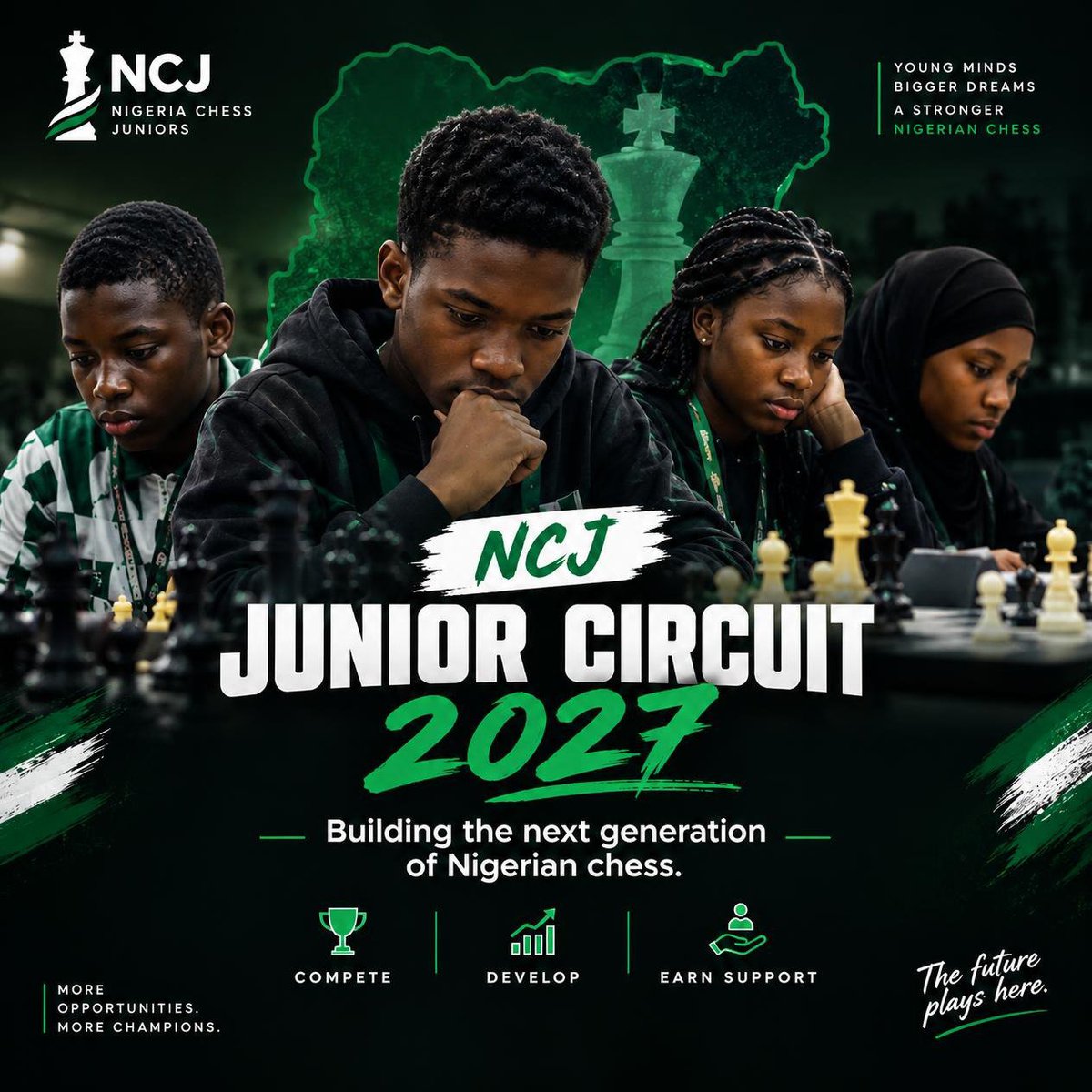 NIGERIAJUNIORS's tweet photo. ♟️🇳🇬 NCJ JUNIOR CIRCUIT 2027 — AN IDEA FOR THE NEXT GENERATION

What if Nigerian junior chess players had a reason to compete all year, not just tournament by tournament?

We're working on an idea:

🔥 The NCJ Junior Circuit 2027

A year-long competition designed to give Nigerian junior chess players a structured pathway to compete, develop and earn recognition based on their performances throughout the year.

Players would earn Circuit Points from qualifying FIDE-rated classical tournaments across Nigeria, with stronger tournaments carrying more points.

The goal?

🏆 Create a competitive national pathway
♟️ Encourage more classical chess
📈 Reward consistency and performance
🇳🇬 Give promising juniors more opportunities to compete
🤝 Build connections around young Nigerian talent

At the end of the 2027 Circuit, the leading juniors in the different categories would have the opportunity to receive NCJ support for national competitions in 2028.

This is still an idea we're developing.

But we believe Nigerian junior chess deserves a system that doesn't just identify talent ,it helps talent keep competing.

We're opening the conversation with individuals, companies and organizations who believe in creating more opportunities for the next generation.

If you'd like to learn more about the idea or explore how you could be involved, our DMs are open. ♟️🇳🇬