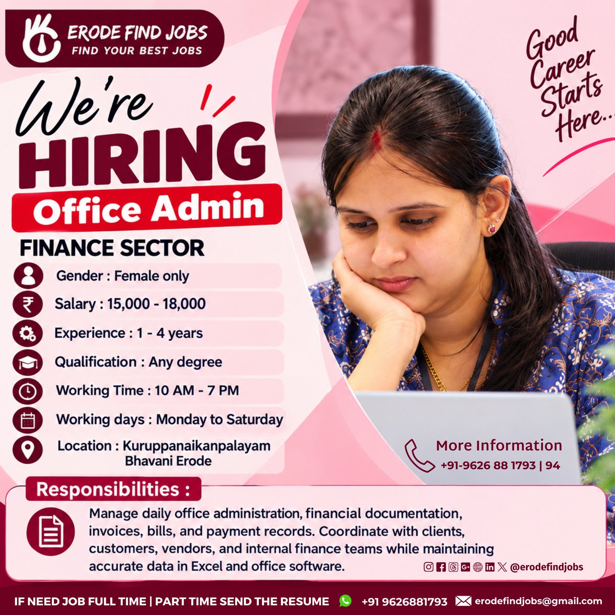 Erodefindjobs's tweet photo. WE ARE HIRING!
Office Admin
.
.
Apply Now!
Send your resume to:
Email: erodefindjobs@gmail.com
Phone: +91 96268 81793 / 94
#officeadmin #adminjobs #officejobs #administration #adminstaff #officework #jobvacancy #erodejobs #erodejobvacancy #freshersjobs #fulltimejobs #recruitment https://t.co/9Q4wTpok5d