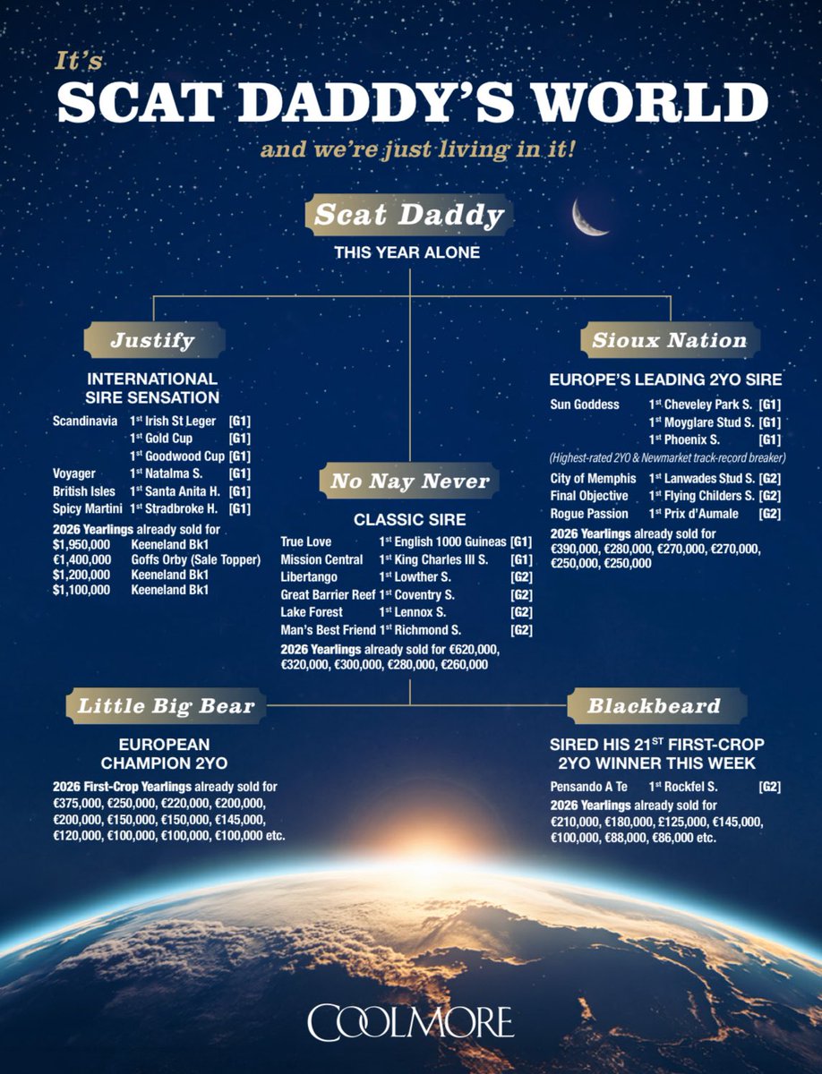 theTDN's tweet photo. It’s Scat Daddy’s World and we’re just living in it! 🌎 From Justify and Sioux Nation to No Nay Never, Little Big Bear and Blackbeard.

📍 @coolmorestud https://t.co/IK8IK2GMwO