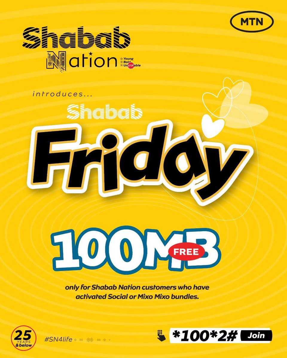 MTNSSD's tweet photo. Did you get the Free 100MB Shabab Friday data?
If you have subscribed to any Shabab bundle in the last 7 days, your 100MB FREE is waiting.
Dial *100*2# and choose shabab Friday to redeem your data now!
#SN4Life #YoungBoldUnstoppable https://t.co/QwIUAQSQdb