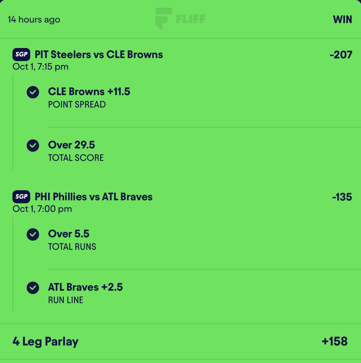 ElevatedSharp's tweet photo. 🏈 4-Leg +158 @NFL @NFLonPrime @MLB https://t.co/G2wg2fhYO4