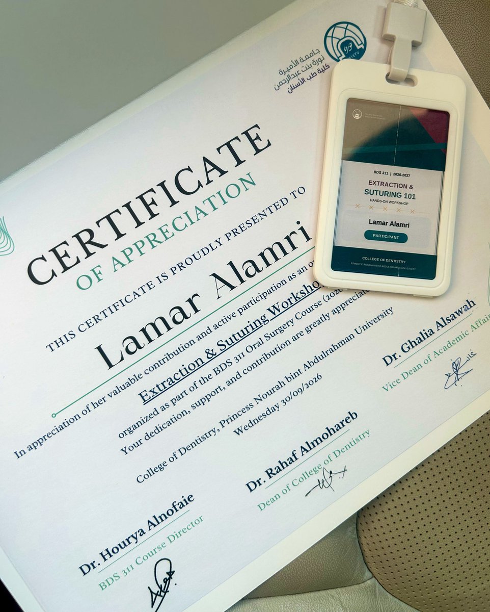 LamarAlamri445's tweet photo. Highlights from our “Extraction &amp; Suturing 101” workshop 🦷🪡
A great hands-on experience filled with learning, practice, and clinical skills development. Proud to be part of it! ✨ https://t.co/p0cqa9NrqH