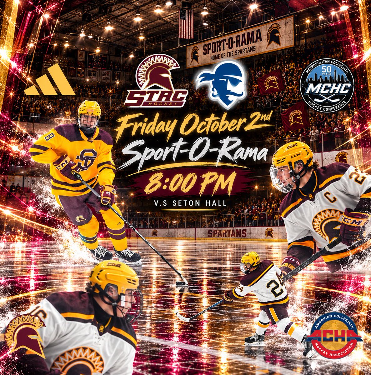 STAChockey's tweet photo. 🛡️⚔️ Season Opener #Gameday 

🕰️ 8pm 
📍Sport-O-Rama Ice Rinks
🆚 Seton Hall University
🎟️ $5 Cash, $3 for Students 
🎥 https://t.co/5zZUwyu9mh (subscription required)

#GoSpartans
#stacpuck
#ACHA
#STAC https://t.co/TmOrSo1cqV