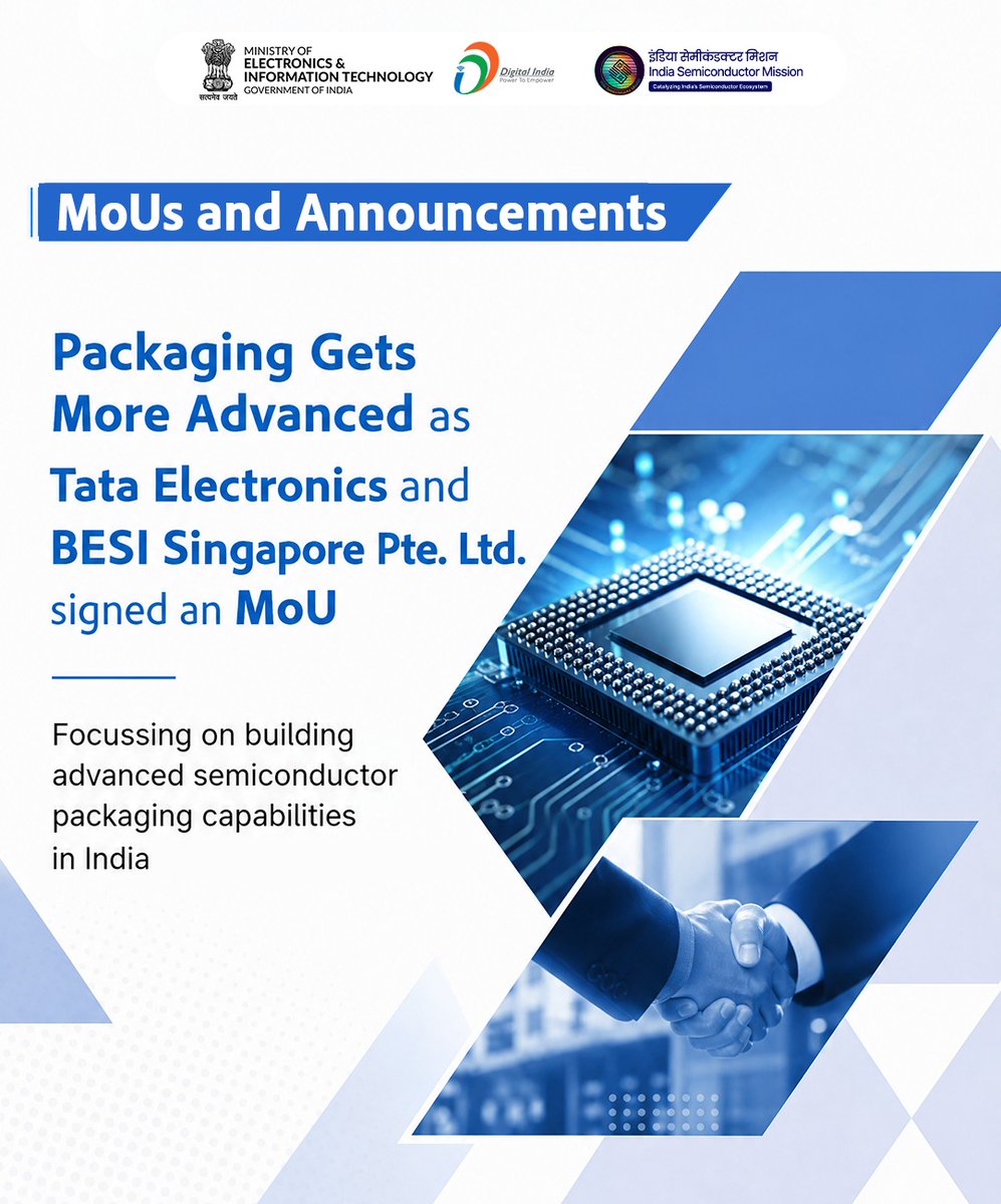 GoI_MeitY's tweet photo. As chips become more complex, packaging is becoming an increasingly strategic part of semiconductor performance and product development. The @TataElectronics – BESI collaboration focuses on strengthening this capability in India. 

#SEMICONIndia2026 #DigitalIndia @SemiconIndia https://t.co/crTYUY9Naa