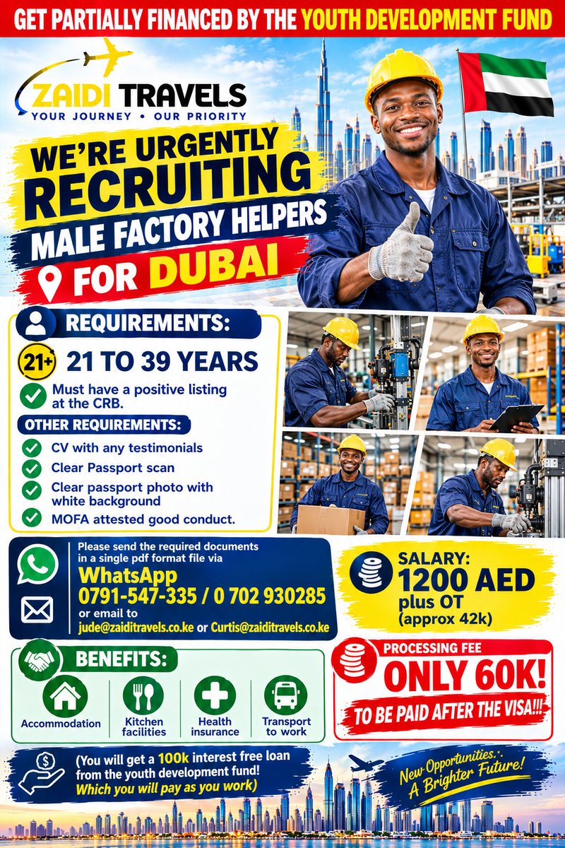 Kiriminti's tweet photo. FRIENDLY REMINDER - IN COLLABORATION WITH THE YOUTH DEVELOPMENT FUND, WE HAVE OPPORTUNITIES FOR MEN IN UAE & KSA PROCESSING FEE ONLY 60K TO BE PAID AFTER THE VISA.more details/inquiries via bio #kenyanjobseekers #nairobijobseekers #jobsforfreshers #zaiditravels #JobsKen https://t.co/0Y679jElfK