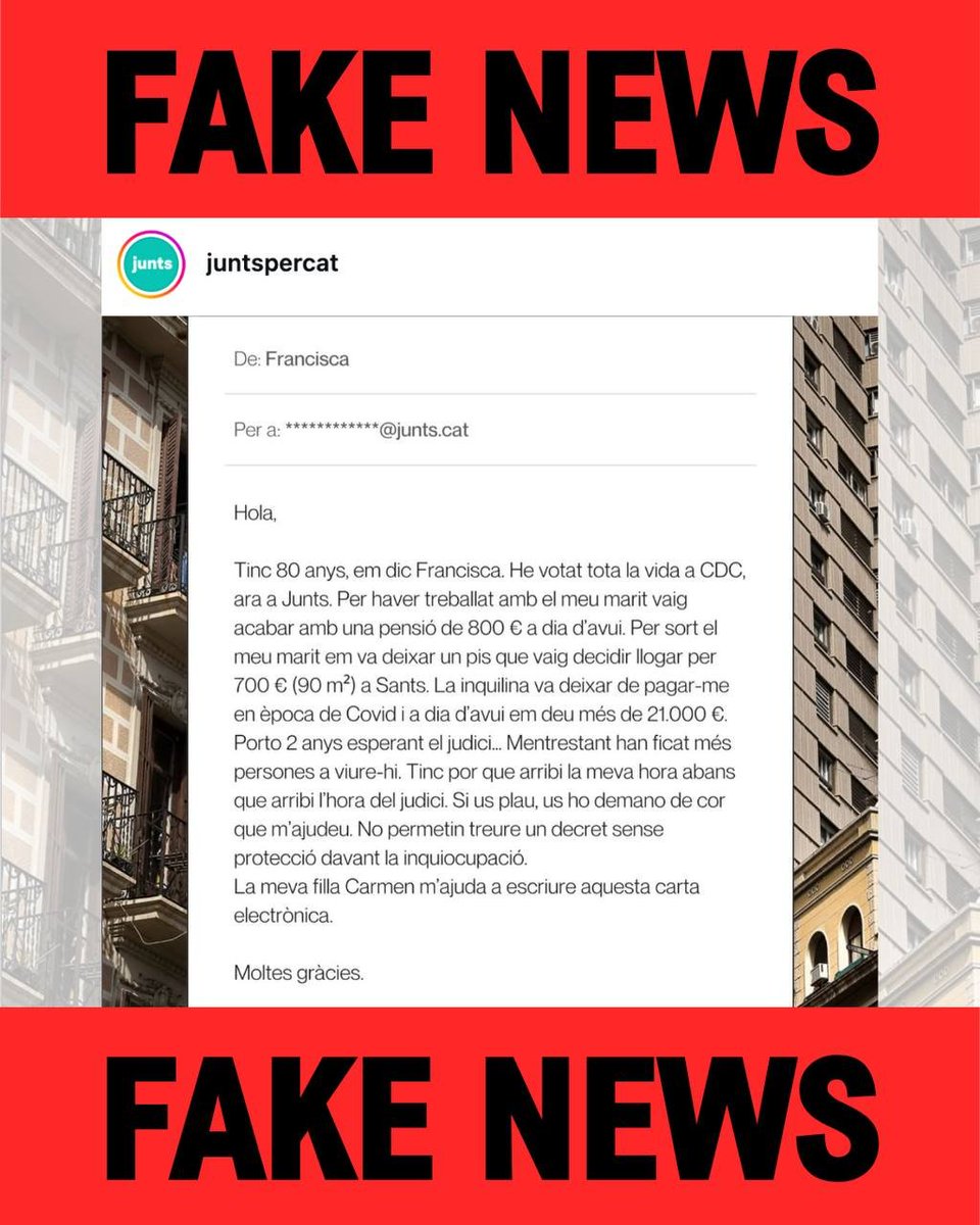 SindicatLloguer's tweet photo. 🔴FAKE NEWS @JuntsXCat : No votareu per la "Francisca", votareu per deixar una persona al carrer. El decret preveu que l'administració assumeixi les rendes pendents i que la Francisca segueixi cobrant. Vergonya. https://t.co/AUQgVMHv8h