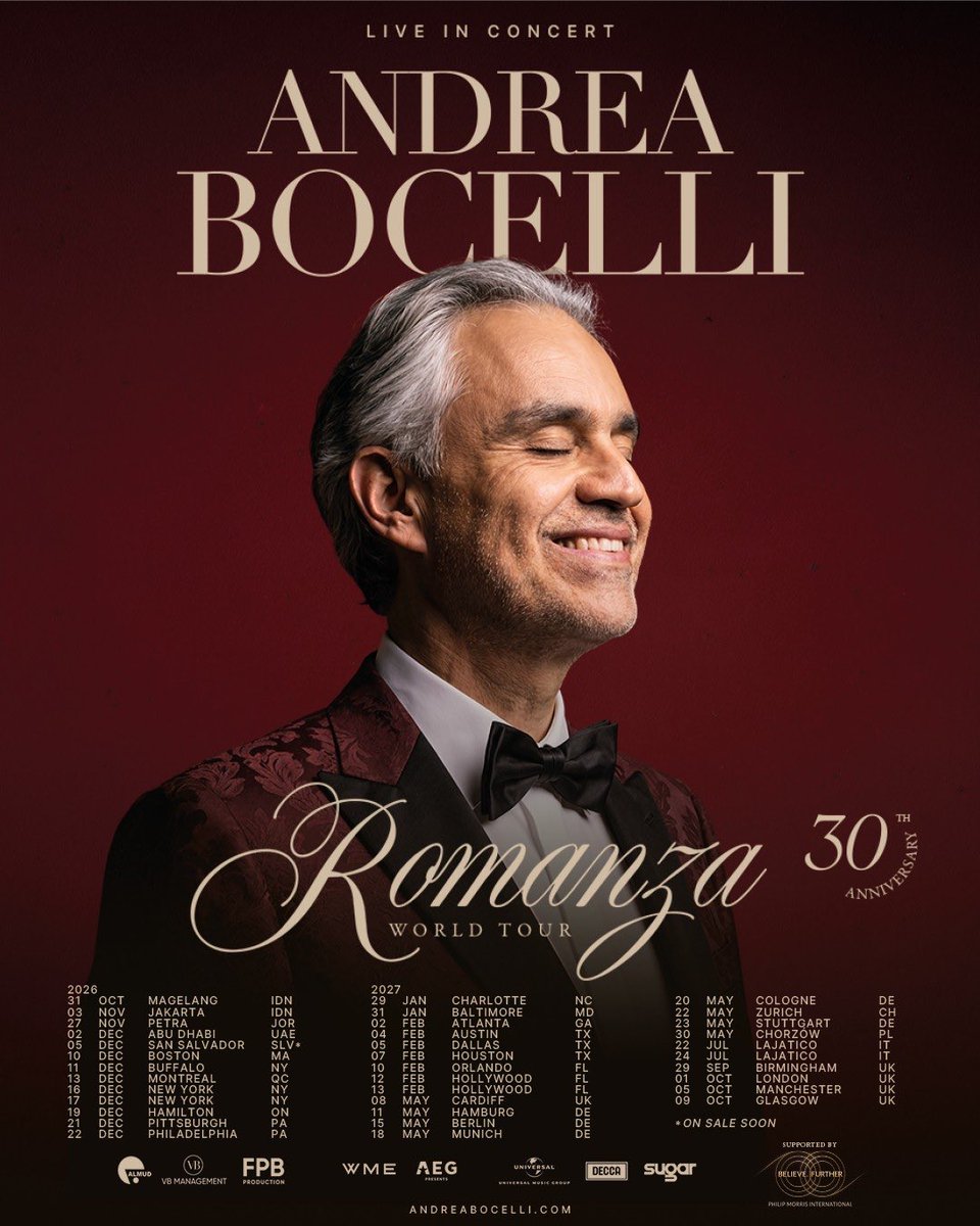 AndreaBocelli's tweet photo. ON SALE TODAY: Celebrating 30 years of Romanza together in 2026 and 2027 

Tickets are on sale now: https://t.co/zHfCa1XAgP https://t.co/AxAlQmrNVb