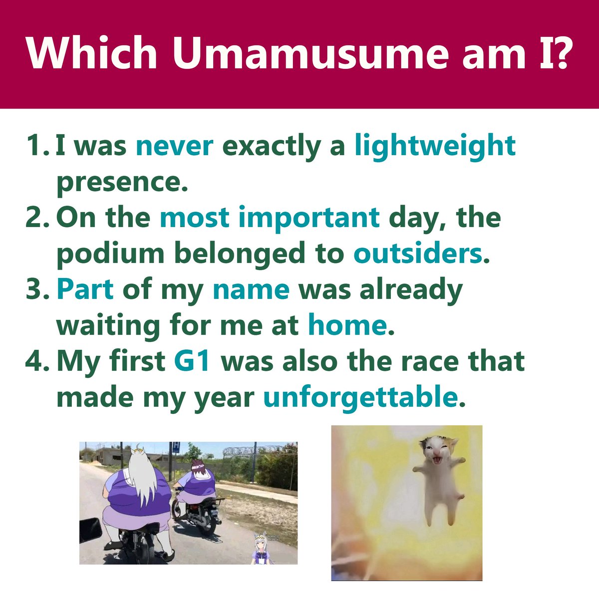 Guesstheuma's tweet photo. Can you Guess the Umamusume with the following Hints?                        

(Previous Answer : Cesario 💙)     
Explanation ⬇️ https://t.co/ieIhgqkbez