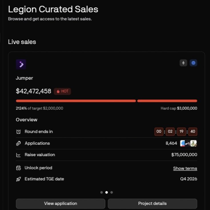 jahu004's tweet photo. ⏳ Only 2 hours left!

Jumper ($JUMP) sale on Legion is almost closing.

If you’ve been waiting to submit your application, commit your allocation, or finish the final steps now’s the time.

Don’t leave it for the last minute 

@jumperapp @legiondotcc https://t.co/k4SkJVzbso