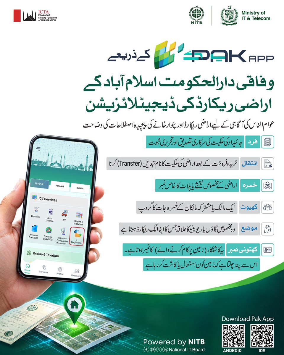 NationalITBoard's tweet photo. پٹوار خانے کی مشکل اصطلاحات کی آسان وضاحت!
نیشنل آئی ٹی بورڈ کی ڈویلپ کردہ پاک ایپ نے اسلام آباد کے اراضی ریکارڈ کو آن لائن بنانے کے ساتھ شہریوں کے لیے ریونیو اصطلاحات (فرد، انتقال، خسرہ، کھیوٹ) کو آسان بنا دیا ہے، تاکہ جائیداد کے معاملات آسانی سے سر انجام دئیے جا سکیں۔
#PAKAPP https://t.co/EIkbudj6s9