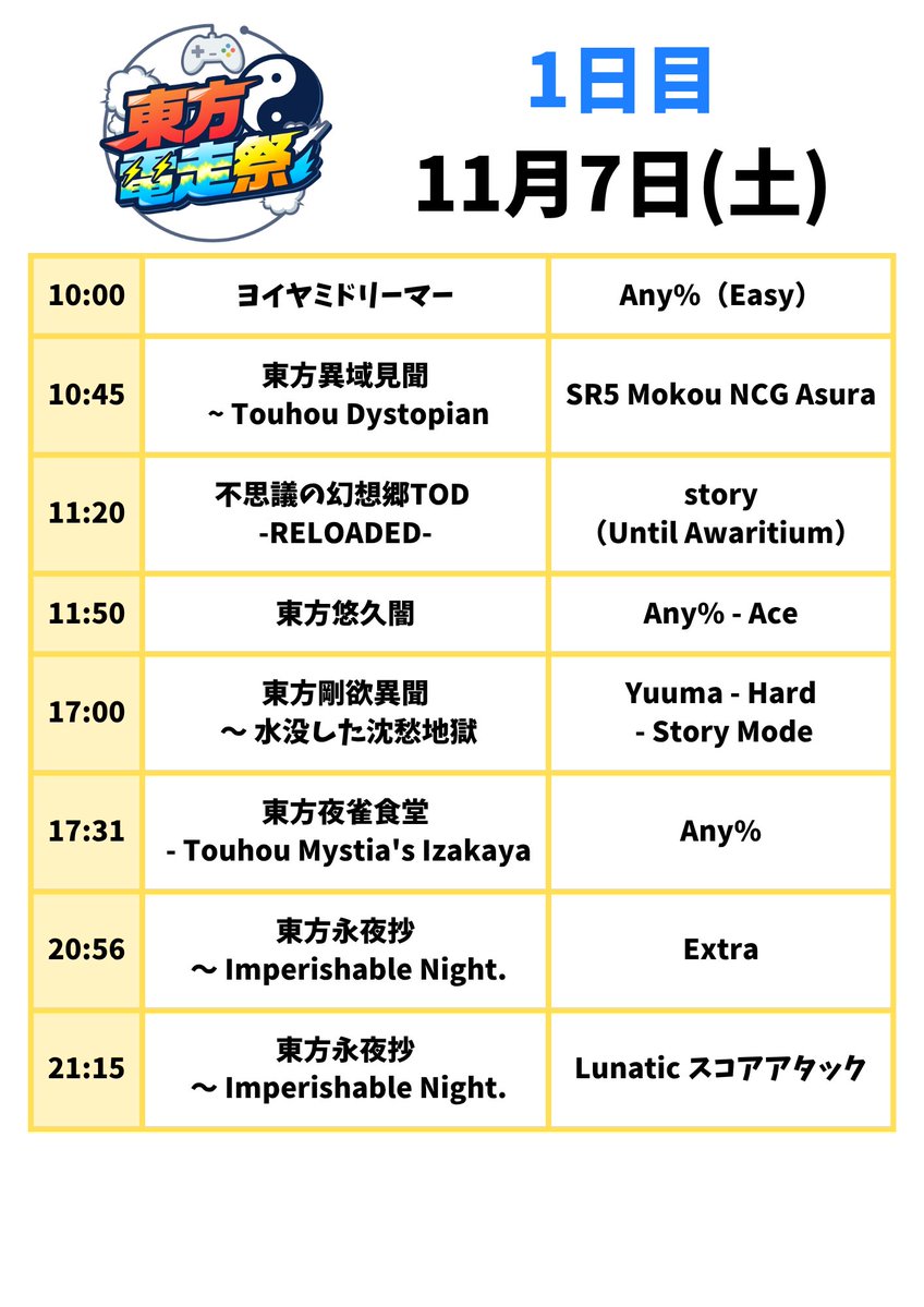 touhoudensousai's tweet photo. 2026年11月7日～8日に開催する #東方電走祭 のスケジュールを発表します！
当日はRTA in Japanのチャンネル( https://t.co/MiOvyt7IGa )で配信されますのでお楽しみに！

プレイヤーなどの詳細は下記のリンクからご確認ください ↓
https://t.co/z2GXILNItC https://t.co/SFocwemSdw