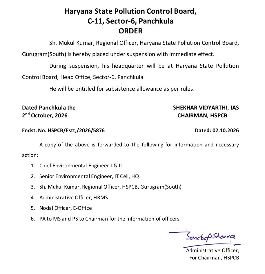 ParveshPress's tweet photo. Two Regional Officers of the Haryana State Pollution Control Board have been suspended following repeated complaints from RWAs.
Akanksha, Regional Officer, Gurugram North, Mukul Kumar, Regional Officer, Gurugram South.
#Gurugram #Haryana #PollutionControl #HSPCB #EnvironmentalGovernance #CMHaryana #RWA #AirPollution #UrbanDevelopment @cmohry @DC_Gurugram @HaryanaGovt