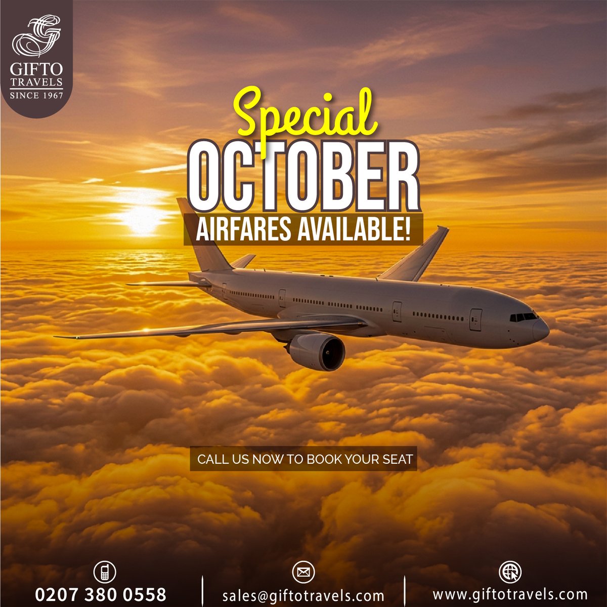 GiftoTravelsUK's tweet photo. βοΈ October Special Airfares! π Grab our exclusive October fares and make your next journey more affordable. π« Limited seats available β call now and book your trip! πβ¨
#octobertraveldeals #specialairfares #besttraveldeals #travelnow #flywithus #cheapflight #limitedtimeoffer https://t.co/kSygmnEaPv