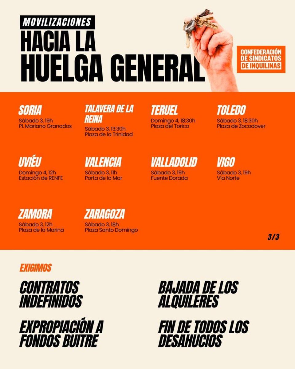 FernandoHValls's tweet photo. El Sindicato de Inquilinas convoca movilizaciones en las principales de España durante este fin de semana bajo el título "Hacia una huelga general". https://t.co/4bw3joN3GT