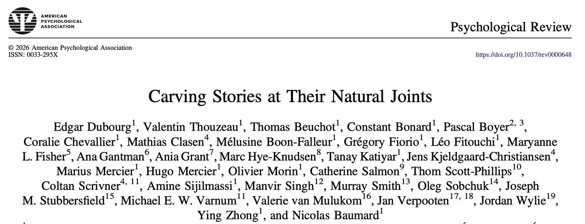 EdgarDubourg's tweet photo. Our paper 'Carving Stories at Their Natural Joints' is out in Psychological Review (@APA_Journals). 

It means a lot to me, especially because I got to collaborate with many researchers from different disciplines whose work I truly admire. https://t.co/Nxij2mZtL8
