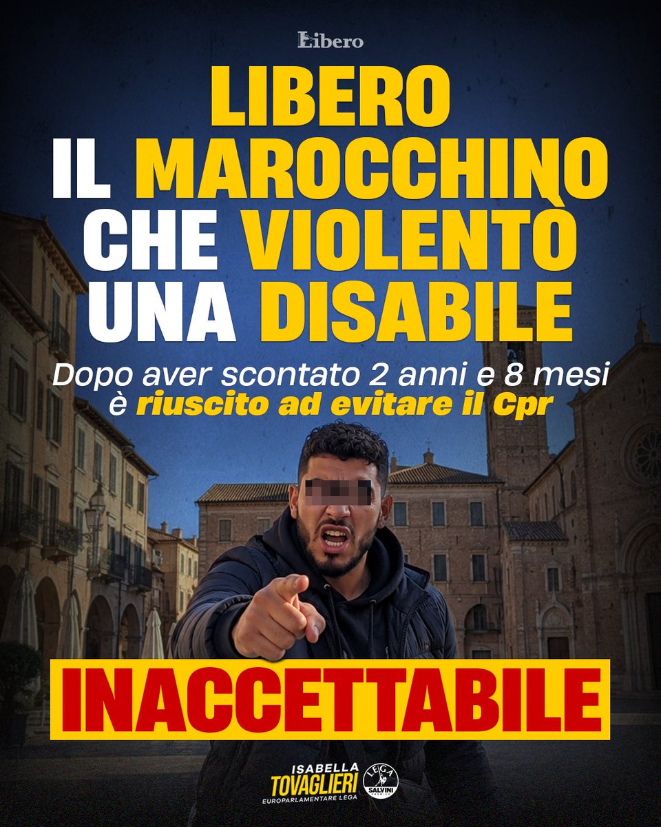 isatovaglieri's tweet photo. Ma vi sembra normale che ad un marocchino di 57 anni, condannato per violenza sessuale su una 20enne affetta da una grave forma di autismo, sia bastato rifiutare una visita medica per bloccare il trasferimento al CPR e il percorso verso il rimpatrio.

Ora è libero ed è tornato a Ravenna, mentre la famiglia della vittima vive con la paura di incontrarlo nuovamente.
Il messaggio deve essere chiarissimo: chi viene in Italia deve rispettare le nostre leggi. Non possono esistere scappatoie che permettano a chi delinque di sottrarsi alle conseguenze delle proprie azioni.

Basta buonismo. Chi sbaglia paga e chi delinque deve essere rimandato a casa.