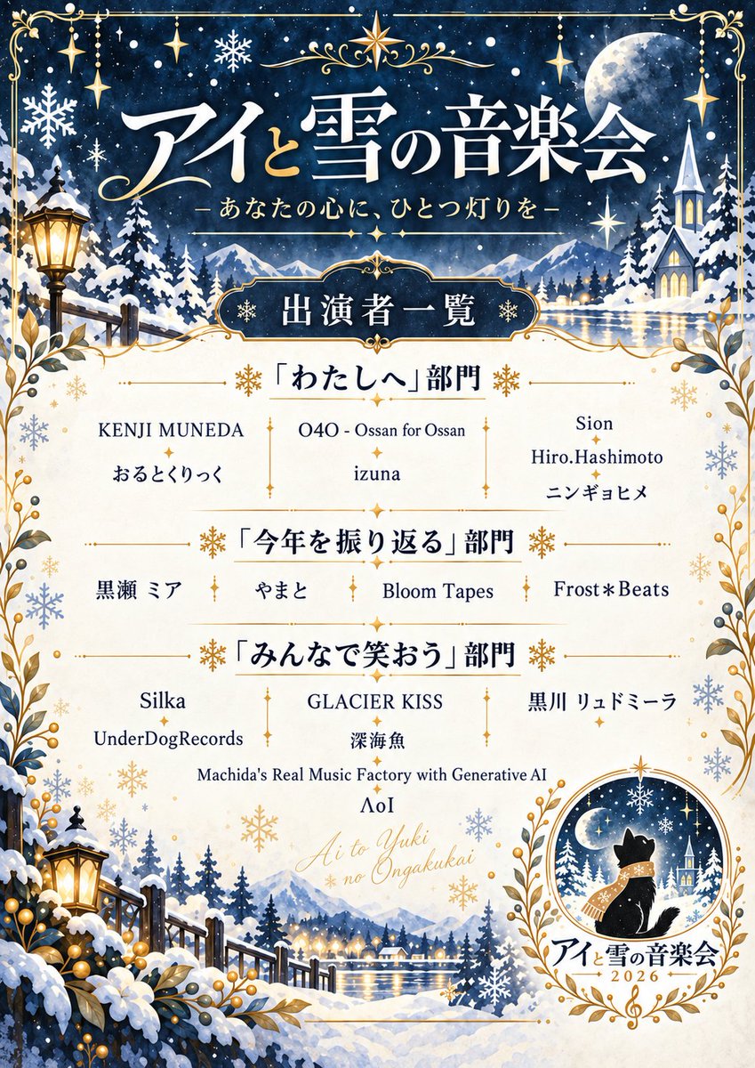 comedia_info's tweet photo. 【 #あいゆき 出演者発表と作品提出について】

皆様、ご応募ありがとうございます！
12/12（土）開催予定のアイと雪の音楽会にご出演いただく皆様を発表いたします！
こちらの投稿を引用して出演者の皆様へお知らせいたしますのでご確認くださいませ！

⚠️出演者の皆様へ【必ずご確認ください】
作品の提出は本日から受け付けております。
提出期限・制作規定・提出方法について必ず下記のリンク先の公式noteをご確認ください。
https://t.co/LsZBN8842A
作品提出期限：2026年11月7日（土）23:59まで。