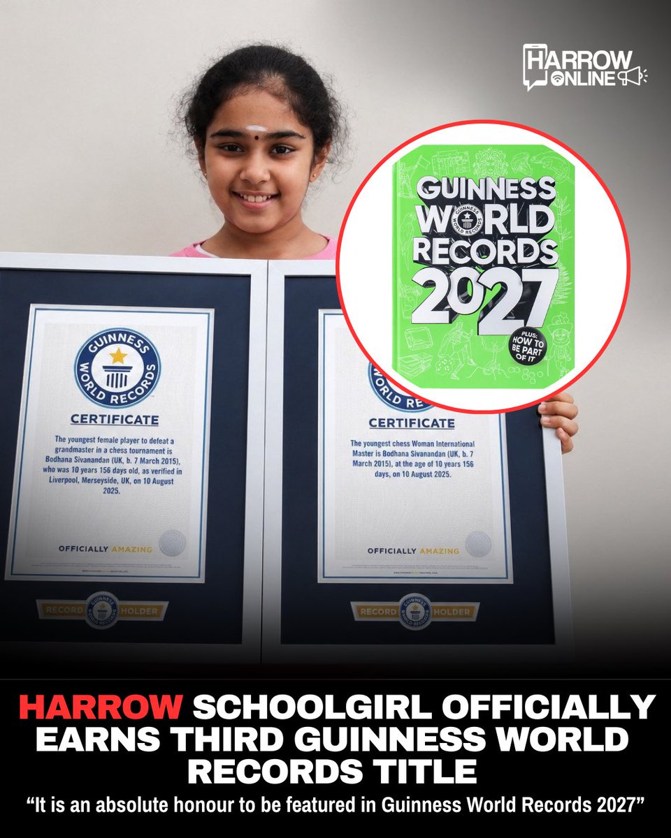 harrowonline's tweet photo. Harrow schoolgirl and chess prodigy Bodhana Sivanandan has officially added a third Guinness World Records title to her growing collection. Link in bio. #Harrow #News #HarrowOnline https://t.co/0MWZz4CyAN
