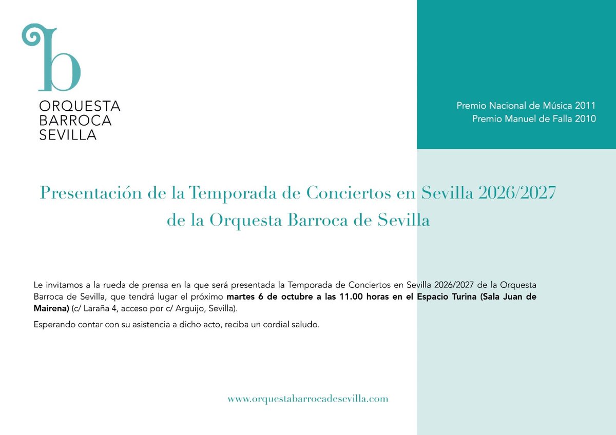 Obs_Live's tweet photo. El próximo martes 6 de octubre presentamos todos los detalles de nuestra nueva temporada en el Espacio Turina del @Ayto_Sevilla. ¡Sed bienvenidos y bienvenidas! https://t.co/Ley10E4CYr