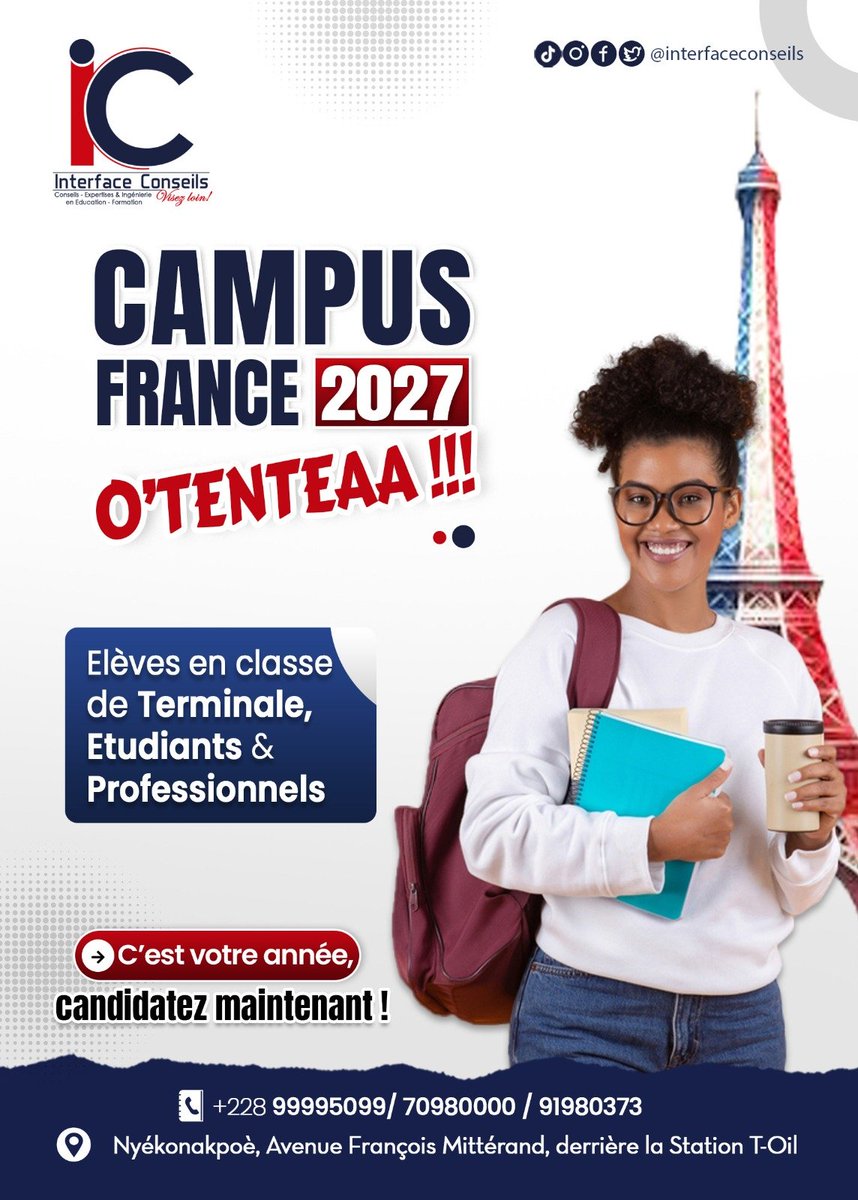 InterfaceConse2's tweet photo. CAMPUS FRANCE 2027 c'est aujourd'hui que ça commence! 🇫🇷

Avec Interface Conseils, bénéficie d'un accompagnement de A à Z pour préparer ta candidature.

📞 99 99 50 99 / 91 98 03 73

#campusfrance #visa  #accompagnement #viralvideo #jeveuxpasserdanstespourtoi https://t.co/BWxmsq0dq8