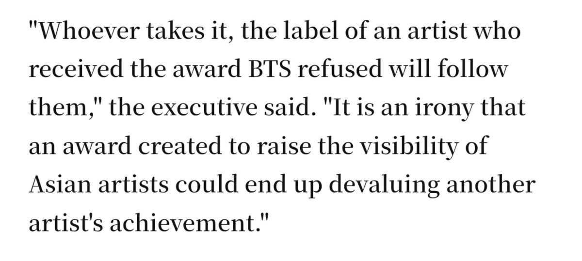urmisope's tweet photo. "Whoever takes it, the label of an artist who received the award BTS refused will follow them,"

If you see any other kpop act not submitting to the grammys you would know why is that lol https://t.co/0Vc7zuOh03