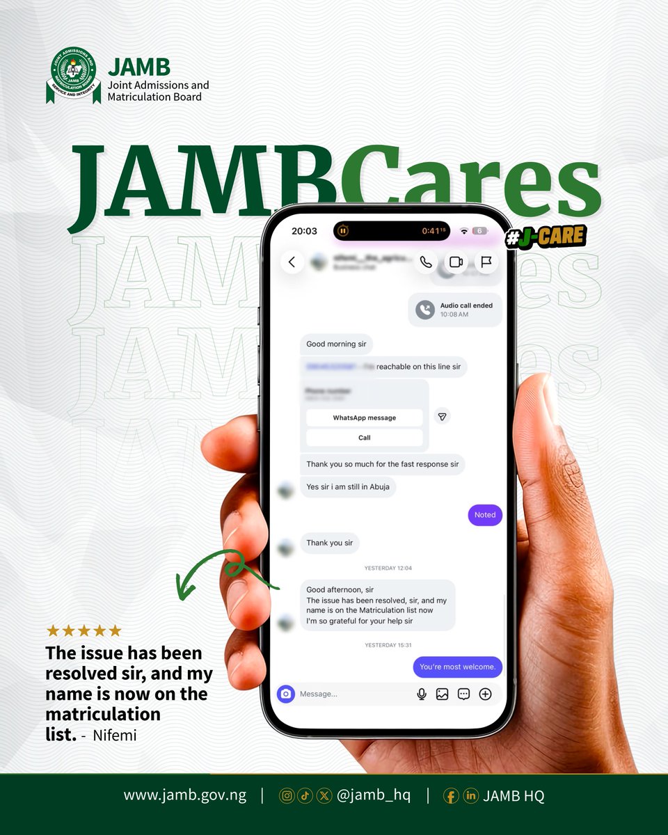 jamb_hq's tweet photo. We’re listening. And we’re paying attention. 

Behind every process are real people with real experiences.

From registration to support, these are some of the experiences candidates have shared with us.

We’ll keep listening, learning and improving, because every experience matters to #ThePeopleWeServe.

#JAMB #JAMBUpdates #TheTrustWeHold #JCARE