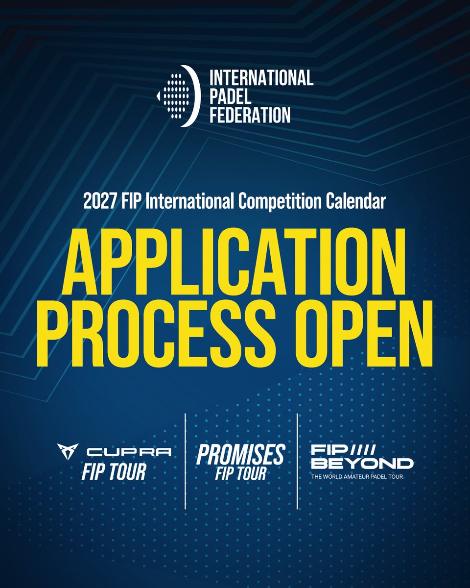 padelfip's tweet photo. ๐ข 2027 FIP INTERNATIONAL
COMPETITION CALENDAR IS OPEN! ๐พ๐
Applications are now open to apply for the 2027 season across our three official circuits:
๐ Cupra FIP Tour
๐งก FIP Promises
๐ FIP Beyond
#PadelFIP #CUPRAFIPTour #FIPPromises #FIPBeyond https://t.co/TmriZanfd8