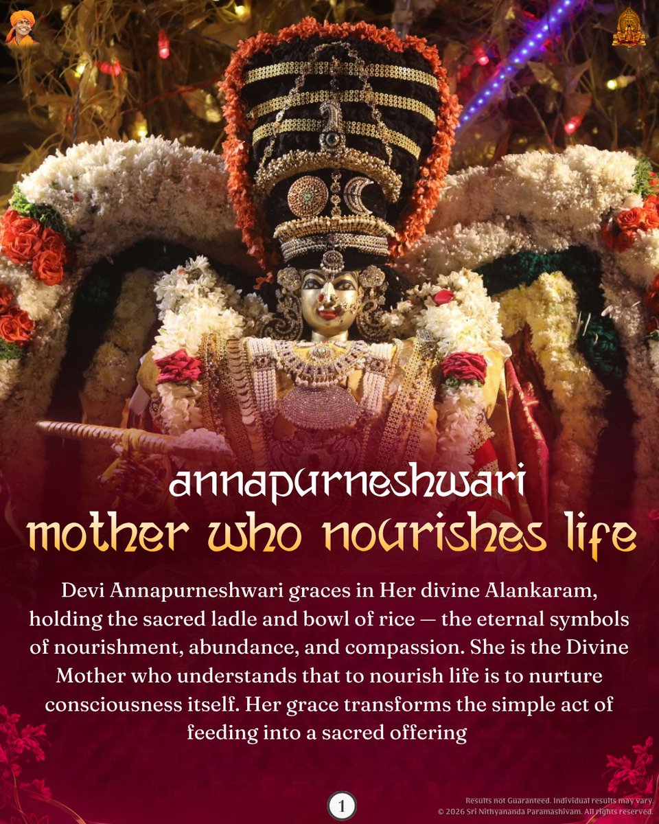 SriNithyananda's tweet photo. DEVI ANNAPURNESHWARI — THE MOTHER WHO NOURISHES LIFE

In KAILASA, Navaratri invokes Devi Annapurneshwari, the embodiment of nourishment, abundance, compassion, and sacred Anna Dhaana.

Her grace reminds us that food is life energy, hunger is to be healed with compassion, and nourishing the body can become a sacred offering that supports higher consciousness.

#DeviAnnapurneshwari #Navaratri #AnnaDhaana #NourishLife #KAILASA #DivineMother #Nithyananda