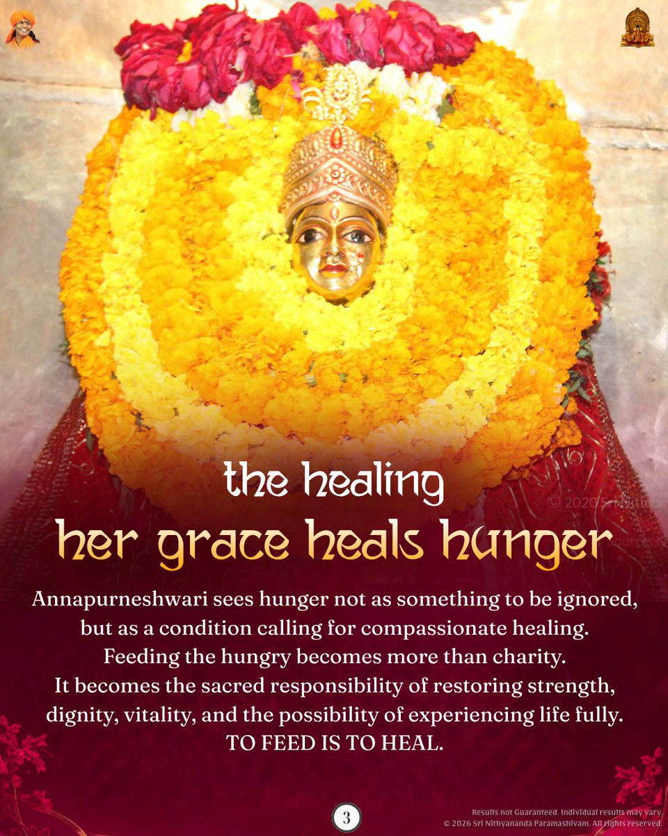 SriNithyananda's tweet photo. DEVI ANNAPURNESHWARI — THE MOTHER WHO NOURISHES LIFE

In KAILASA, Navaratri invokes Devi Annapurneshwari, the embodiment of nourishment, abundance, compassion, and sacred Anna Dhaana.

Her grace reminds us that food is life energy, hunger is to be healed with compassion, and nourishing the body can become a sacred offering that supports higher consciousness.

#DeviAnnapurneshwari #Navaratri #AnnaDhaana #NourishLife #KAILASA #DivineMother #Nithyananda