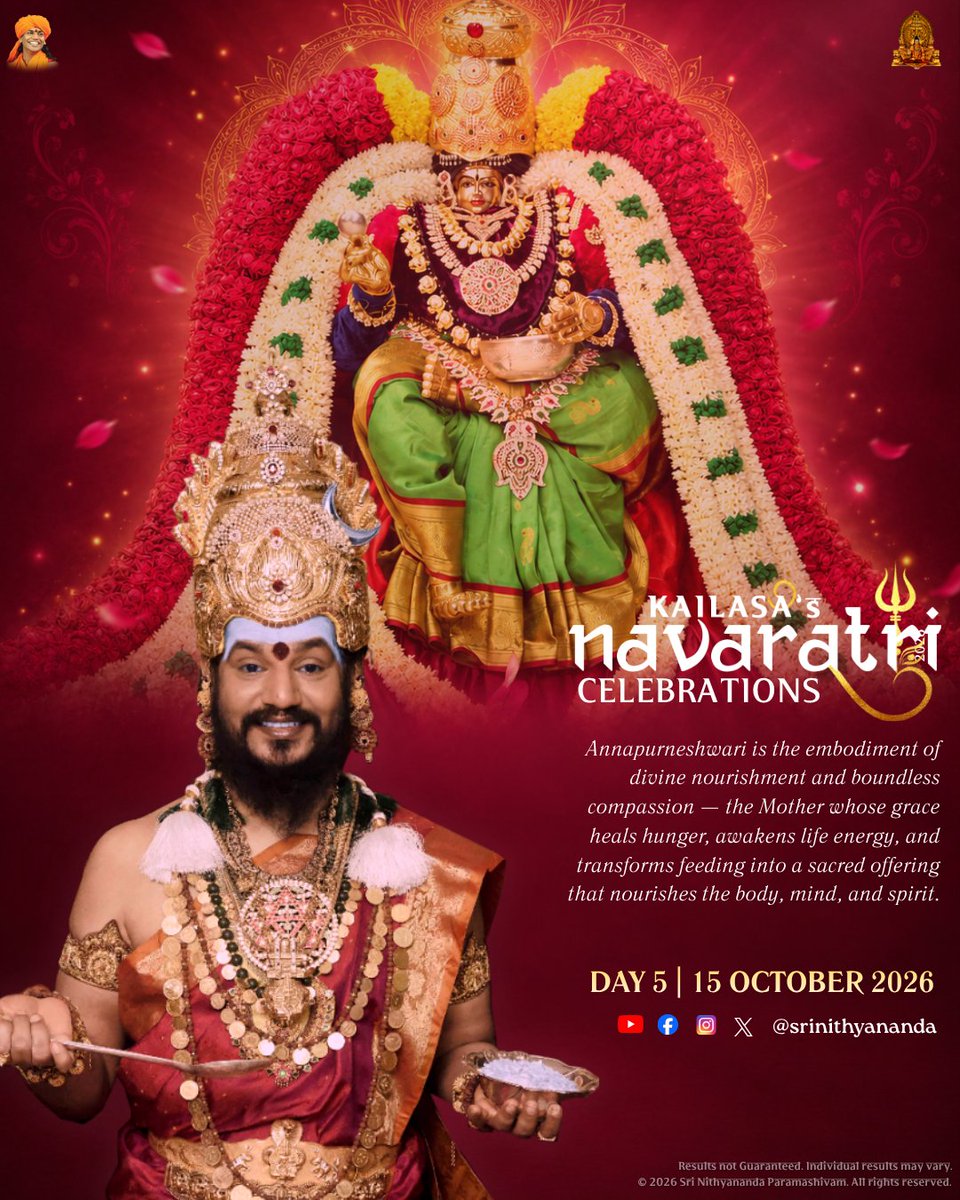 SriNithyananda's tweet photo. DEVI ANNAPURNESHWARI — THE MOTHER WHO NOURISHES LIFE

In KAILASA, Navaratri invokes Devi Annapurneshwari, the embodiment of nourishment, abundance, compassion, and sacred Anna Dhaana.

Her grace reminds us that food is life energy, hunger is to be healed with compassion, and nourishing the body can become a sacred offering that supports higher consciousness.

#DeviAnnapurneshwari #Navaratri #AnnaDhaana #NourishLife #KAILASA #DivineMother #Nithyananda