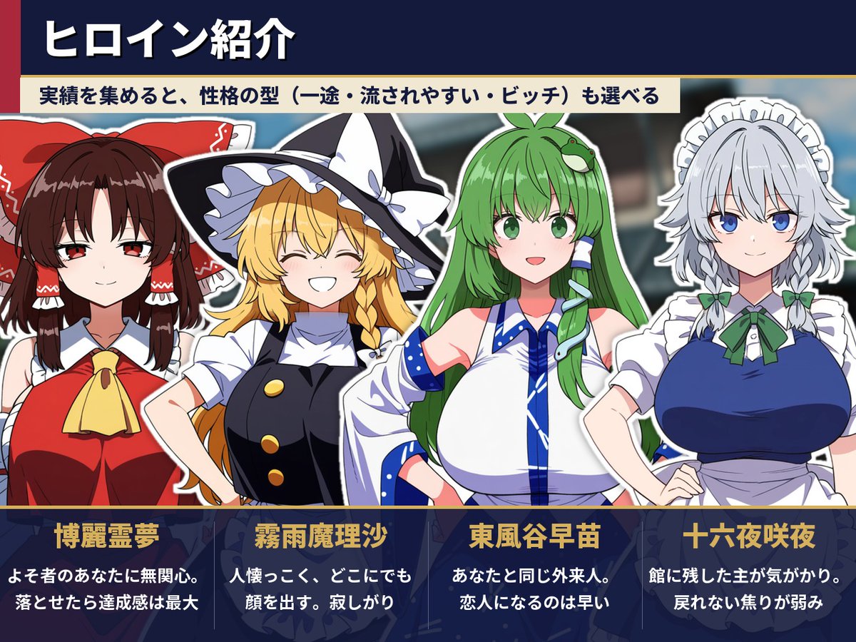 AzarashiEmpire's tweet photo. 舞台は異変で封印された屋敷です。霊夢・魔理沙・咲夜・早苗ともう一人の外来人の男と、30日間閉じ込められます。
いちばん作り込んだのはセリフで、同じ「話す」でも関係や状態で反応がまったく違います。
くわしくはCi-enの記事で → https://t.co/0hmmiSldTr https://t.co/3GgHBox29v