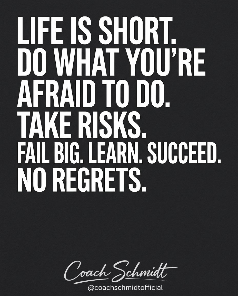 Coach_Schmidt_1's tweet photo. Repost if this speaks to you.
LIFE IS SHORT.
DO WHAT YOU'RE AFRAID TO DO.
TAKE RISKS.
FAIL BIG. LEARN. SUCCEED.
NO REGRETS.
#GetUncomfortable #GrowthMindset #FailForward #DailyMotivation #NoRegrets https://t.co/D6E5uySckv
