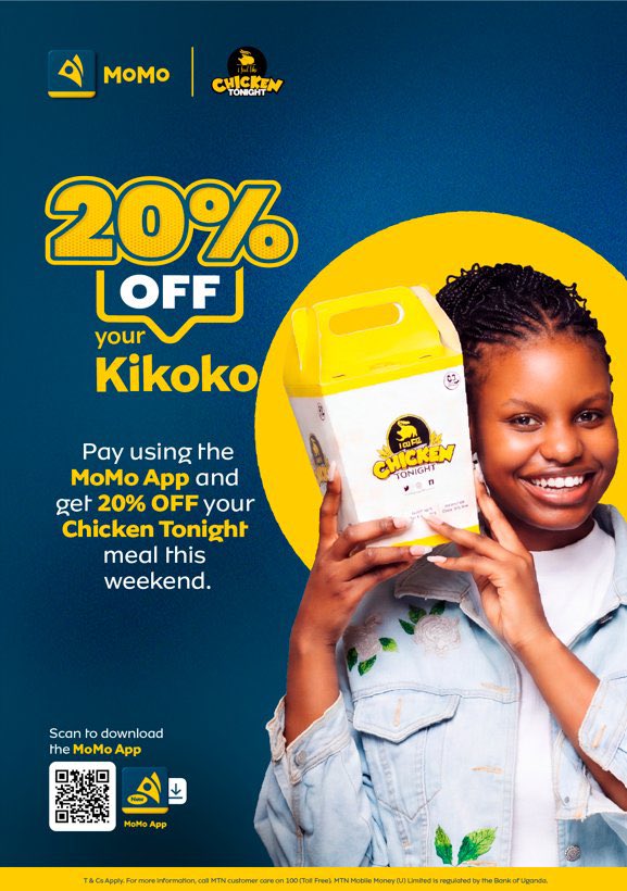 mtntvafromobile's tweet photo. Craving your next meal or Kikoko from Chicken Tonight? Pay with @mtnmomoug and get 20% OFF!

Enjoy your meal for less when you pay with MoMo. 💛

#MoreWithMoMo #MTNTVbyAfromobile https://t.co/qNb6sLUxUS