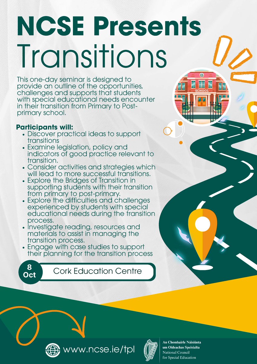 cork_cesc's tweet photo. 📢 NCSE Presents: Transitions

One-day seminar from @ncseirl on supporting students with special educational needs moving from primary to post-primary.

🗓️ 8th Oct
📍 Cork Education Support Centre
Register here: https://t.co/x7sFAlEkDA https://t.co/b7n70kGVXM