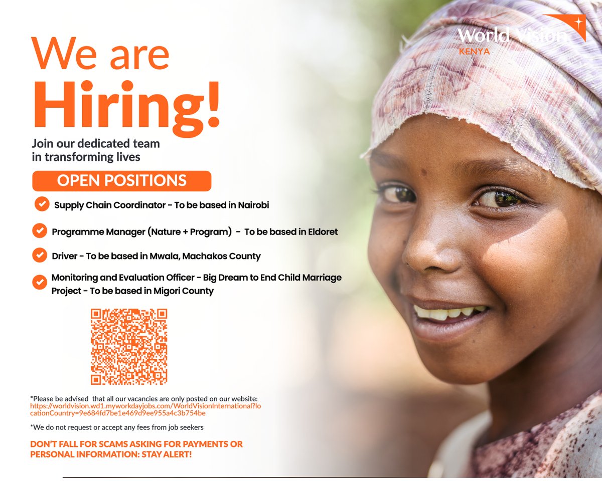 WorldVisionKE's tweet photo. We’re looking for passionate individuals to join us in making a difference in the lives of children, families and communities.

Apply today via this link: https://t.co/olVhCFOBEy

#IkoKaziKE https://t.co/8Zrbd5J0a1