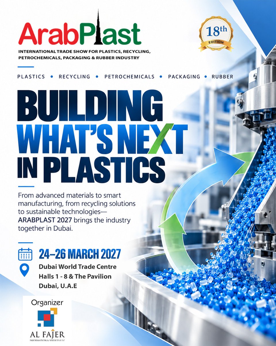 ArabplastDubai's tweet photo. REGISTER TO VISIT: https://t.co/luZZly1OYM
BOOK YOUR STAND: https://t.co/aatljXQqZw
BE A SPONSOR: https://t.co/yo5Y5xzquf
.
📷 https://t.co/syJXx9vIRU
📷 24 – 26 March 2027
📷 Dubai World Trade Centre, Halls 1–8
.
#ArabPlast2027 #ArabPlast #PlasticsIndustry #PlasticRecycling https://t.co/z6XcyPPSDg