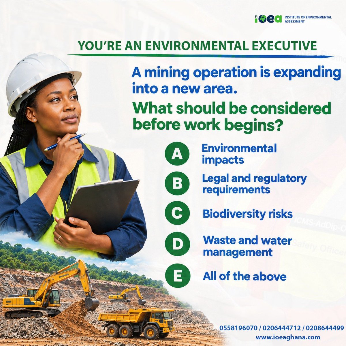IOEAGhana's tweet photo. A mining project's expansion comes with environmental responsibilities. As an Environmental Officer, what factors would you consider before work begins?
Share your answer in the comments.
#EnvironmentalManagement
#Mining
#Sustainability
#EnvironmentalProfessionals https://t.co/qC2ToojE3R