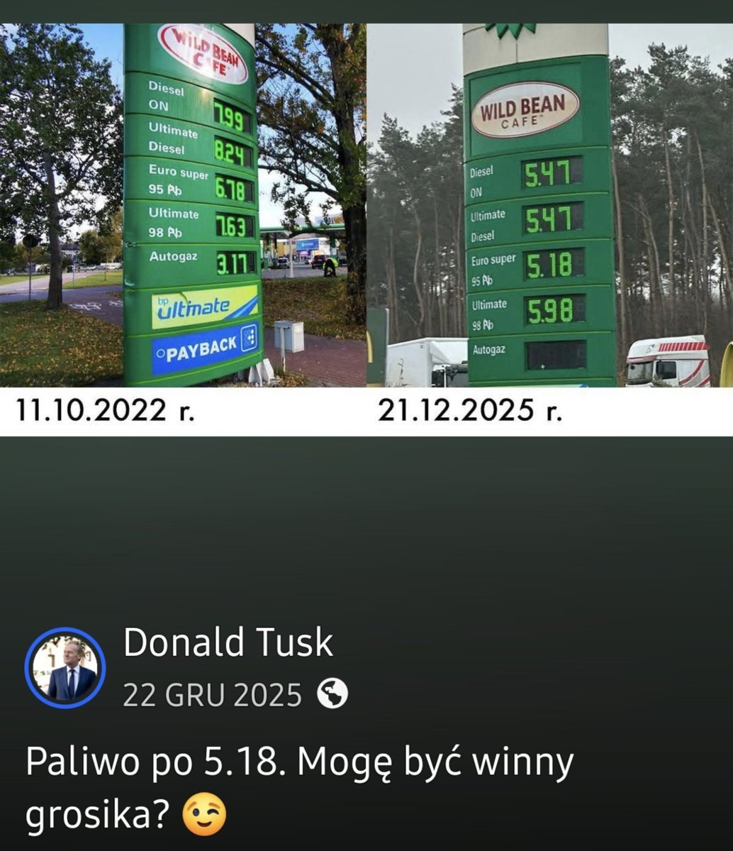 ClassRan_dom's tweet photo. @donaldtusk Rok temu, przed wojną patrona Karola Nawrockiego z Iranem, za Tuska na stacjach paliwo kosztowało 5,18 zł.

Dziś mamy 8,50 zł. I jeszcze macie czelność kpić z obietnicy 5,19 zł? 😉 https://t.co/qxsmAgyn7p