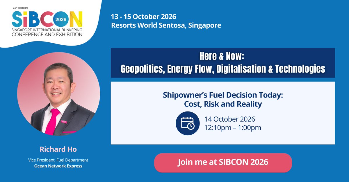 OceanNetworkExp's tweet photo. Richard Ho, Vice President of Fuel at Ocean Network Express (ONE), will be participating in SIBCON 2026.

In addition to serving on the SIBCON Steering Committee, Richard will join the panel discussion, "Shipowner’s Fuel Decision Today: Cost, Risk and Reality." He will share his insights on navigating the complexities of fuel selection by balancing cost and supply security with regulatory requirements, operational standards, and associated risks.

If you are attending, come and say hello to Richard. We would be interested to hear what is shaping fuel decisions on your side.

#AsONEWeCan #SIBCON2026