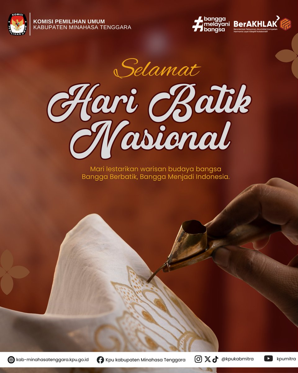 KpuKabMitra's tweet photo. #TemanPemilih, pada Hari Batik Nasional, mari terus lestarikan batik sebagai bagian dari kekayaan budaya Indonesia sekaligus merawat semangat persatuan dalam keberagaman.

Selamat Hari Batik Nasional!
Bangga Berbatik, Bangga Menjadi Indonesia.

#kpumelayani https://t.co/1az6K1AuGI