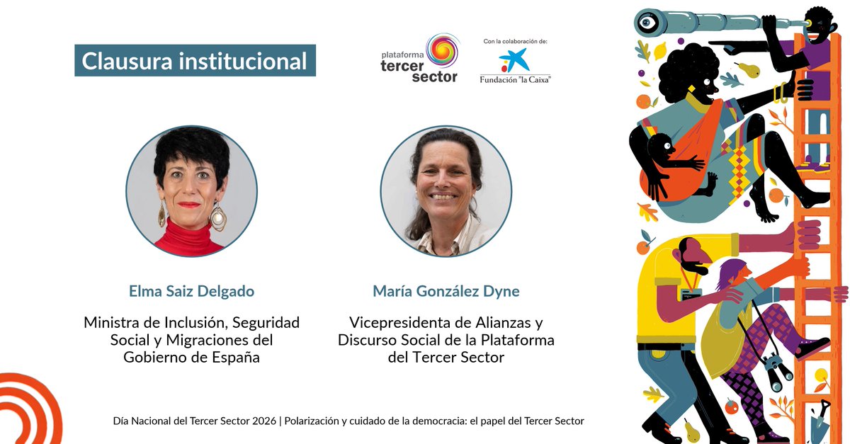 Plataforma3sect's tweet photo. 🗓️ El 9 de octubre celebramos el #DíaDelTercerSector2026.

La jornada será inaugurada por Pablo Bustinduy (@msocialgob), Ángel Gabilondo, Luciano Poyato (@Plataforma3sect) y Marc Simón (@FundlaCaixa).

La clausura correrá a cargo de Elma Saiz (@inclusiongob) y María González (@Plataforma3sect).

👉 Consulta el resto del programa e inscríbete: https://t.co/uCx02DyYsJ