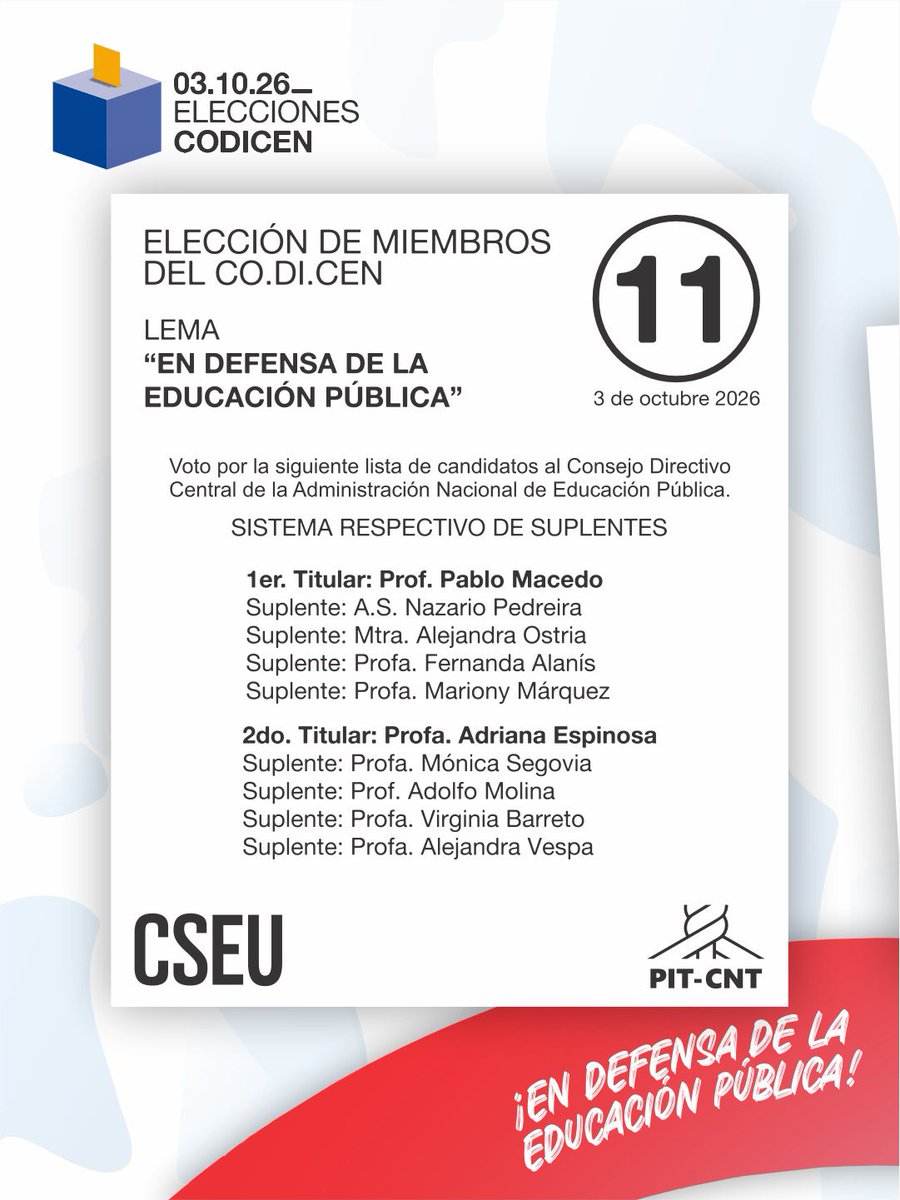 FenapesUruguay's tweet photo. 🗳️ Elección CODICEN
📢 Mañana sábado 3 de octubre las y los docentes elegimos representantes en la ANEP.
✊ Acompañá la LISTA 11. Colegas de todo el país en defensa de la educación pública.
#FenapesSeMueve
#ElecciónCodicen
#Lista11 https://t.co/JSt8hUao6i