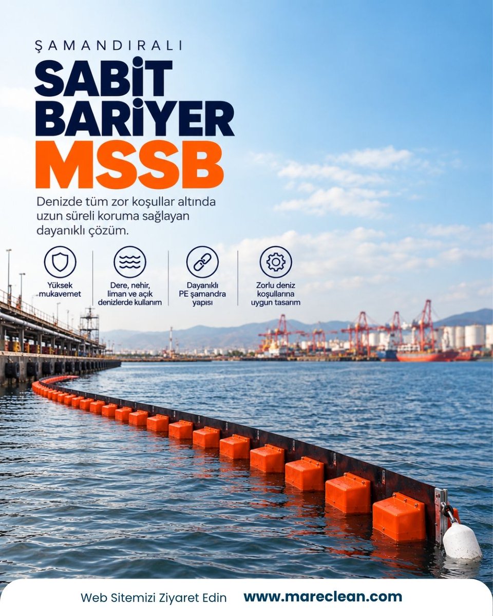 mareclean's tweet photo. Zorlu deniz koşullarında kesintisiz koruma.
Şamandıralı Sabit Bariyer MSSB, limanlardan açık denize kadar farklı kullanım alanlarında dayanıklı yapısıyla uzun süreli çevresel koruma sağlar.
#DenizBariyeri #ÇevreselKoruma #MareClean https://t.co/87zJLaatPt