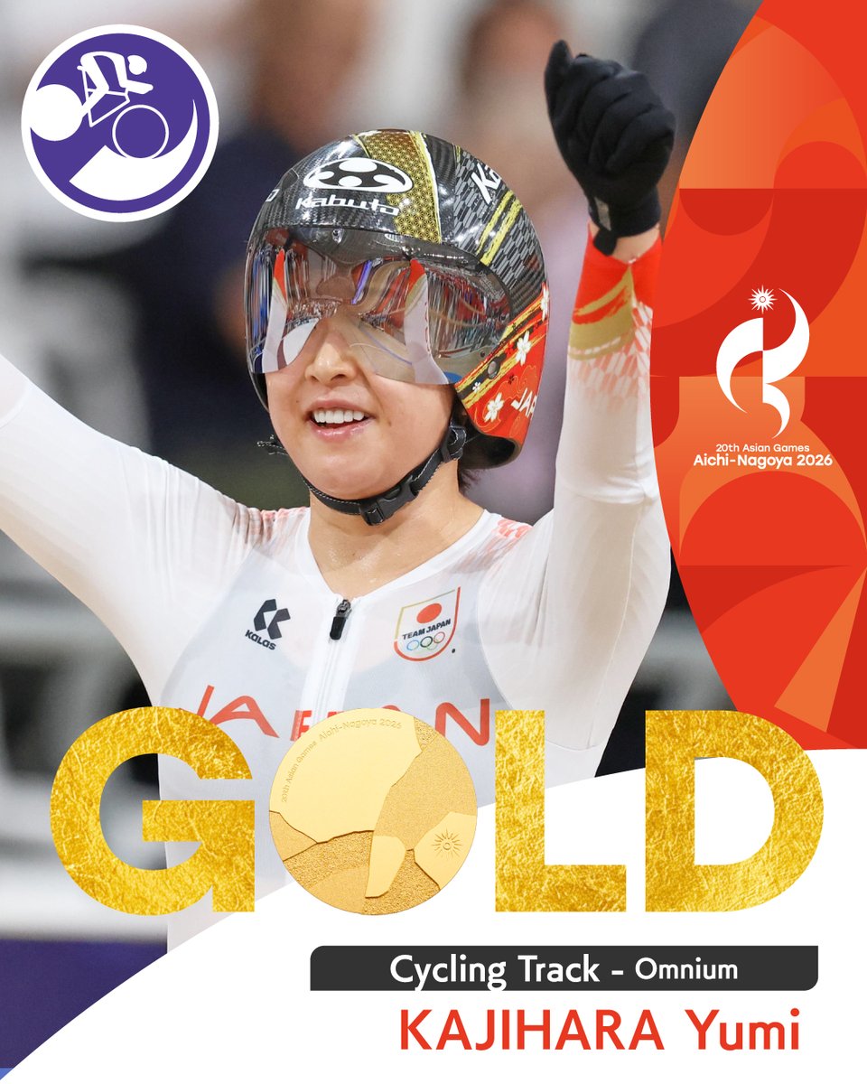 AsianGames_2026's tweet photo. ／
🥇金メダル！ ✨
＼
━━━━━━━━━━━
Cycling Track | Women's Omnium
━━━━━━━━━━━

Japan | KAJIHARA Yumi wins gold! 🥇✨
Congratulations🎉

#アジア競技大会 #愛知名古屋2026 https://t.co/y6rHZl8B8Q