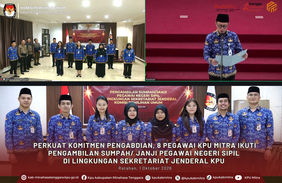 KpuKabMitra's tweet photo. #Temanpemilih, Komisi Pemilihan Umum (KPU) Kabupaten Minahasa Tenggara (Mitra) melaksanakan Pelantikan dan Pengambilan Sumpah/Janji Pegawai Negeri Sipil (PNS) di Lingkungan Komisi Pemilihan Umum secara hybrid, Kamis (1/10/2026)
Selengkapnya:
https://t.co/eASpGg086h
#kpumelayani https://t.co/O3vB2mreXw