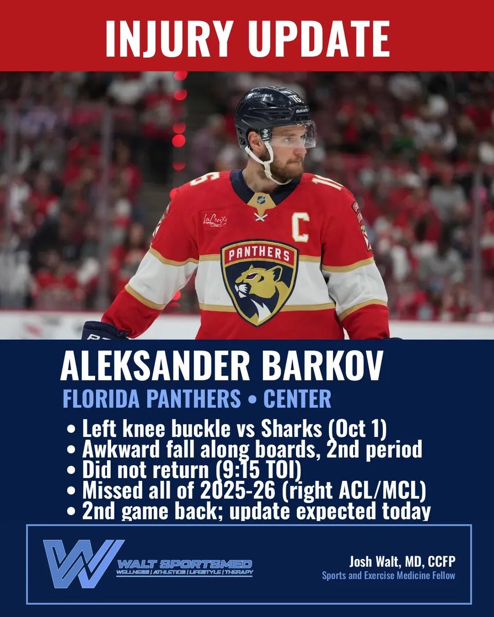 WALTSportsMed's tweet photo. Barkov's left knee buckled on a planted leg — the textbook ACL mechanism. The worry: 2nd game back from right ACL/MCL reconstruction, and a prior ACLR sharply raises the risk of a contralateral ACL tear. No diagnosis yet; update expected today. #NHL https://t.co/AX66DIziz6