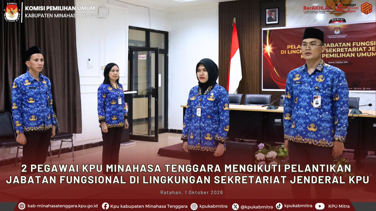 KpuKabMitra's tweet photo. #temanpemilih , Dua pegawai di lingkungan Sekretariat KPU Kabupaten Minahasa Tenggara Resmi dilantik dalam Jabatan Fungsional Penata Kelola Pemilu Ahli Pertama, pada kamis (1/10/2026).

Selengkapnya :
https://t.co/dfrt5vWjl3

#kpumelayani https://t.co/QJCD5Y1jZk