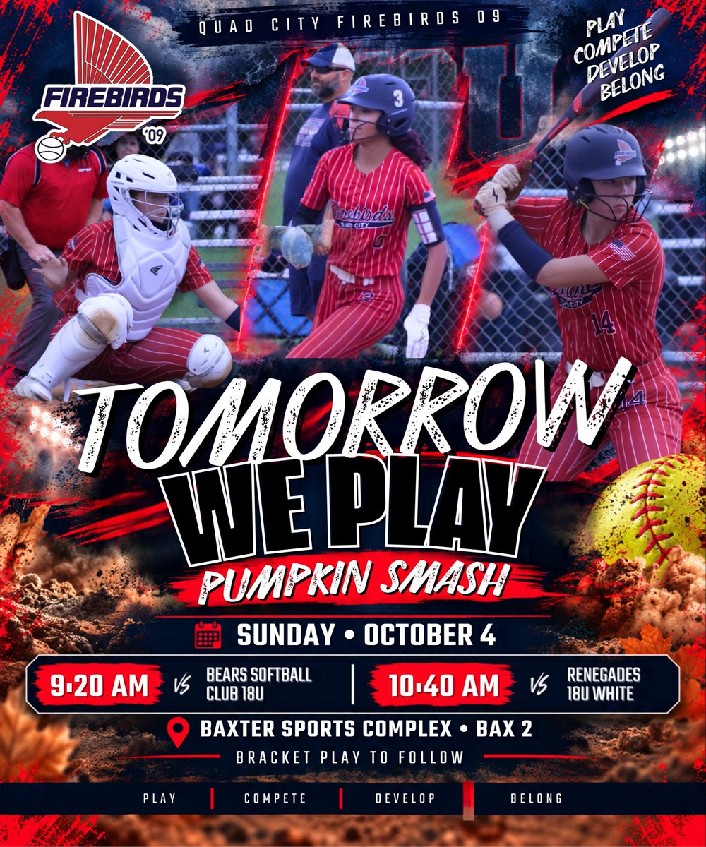 QCFirebirds09's tweet photo. 🔥 TOMORROW WE PLAY 🔥

The Firebirds are headed to the Pumpkin Smash! 🥎

⏰ 9:20 AM vs Bears Softball Club 18U
⏰ 10:40 AM vs Renegades 18U White
📍 Baxter Sports Complex • BAX 2

Bracket play to follow.

#QCFirebirds09 #SoftballRecruiting https://t.co/1D8zIrZBYa