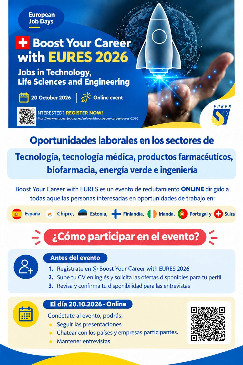 EuresSpain's tweet photo. Esto no te lo puedes perder😊
Boost your career with #EURES 2026 para personas interesadas en trabajar en los campos de la (bio)tecnología, farmacia, energía verde y la ingeniería en Europa.
Todo el evento es ONLINE. https://t.co/5uNaemFLnp