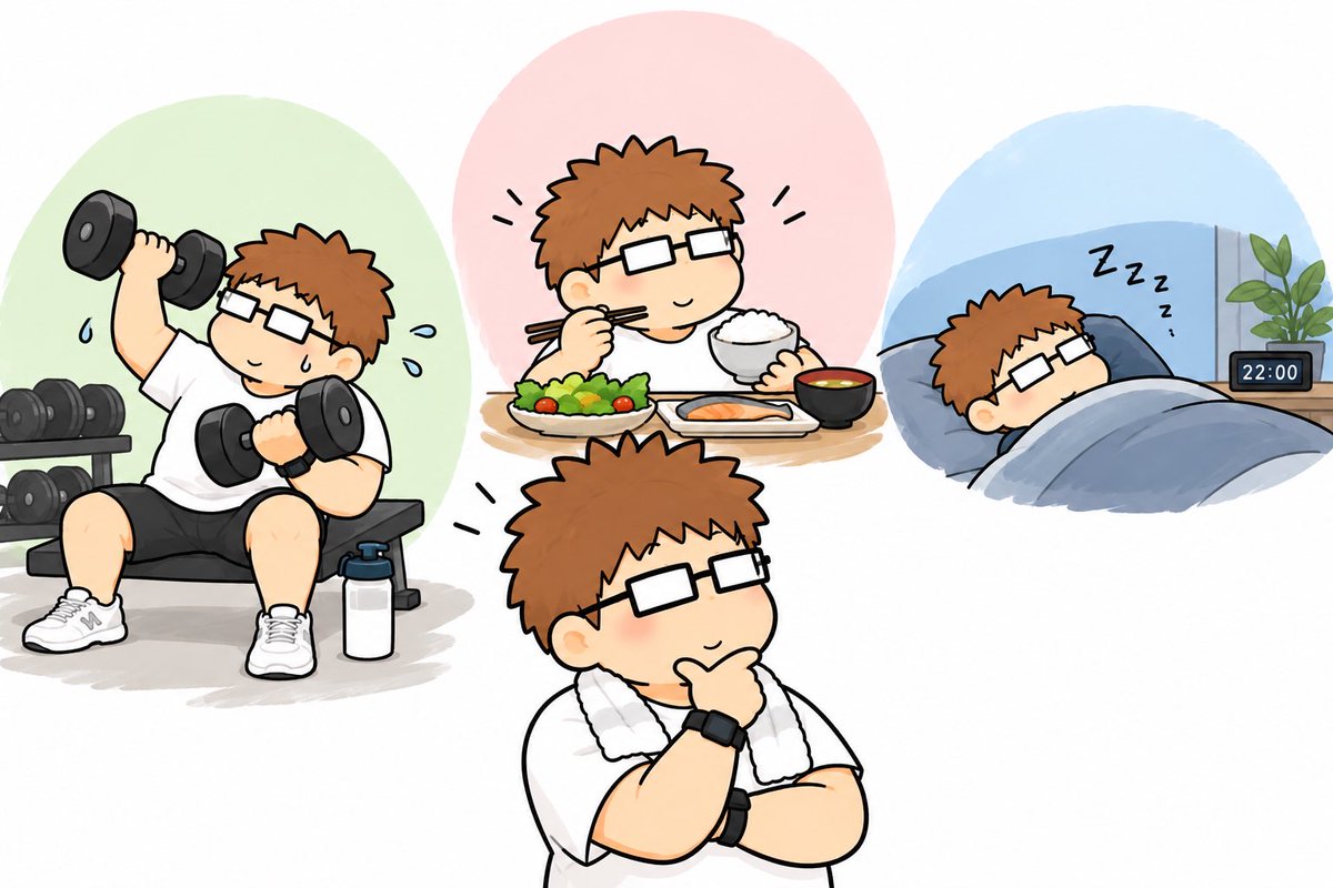 macchiotoko's tweet photo. ダイエット中。

筋トレだけ頑張ってもダメ。
食事だけ減らしてもダメ。
睡眠も大事。

筋トレ、食事、睡眠。
この3つのバランスを整える。

まぁ、言うのは簡単。
実践するのが難しい。笑

52歳、まだまだ修行中。 https://t.co/6Nune8CMgy